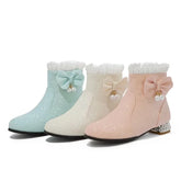 LBSFY  - Fall Winter Glitter Bling Bling Women Low Heels Sweet Bowknot Party Wedding Pink Ankle Boots Girls Lolita Princess Shoes Size 33